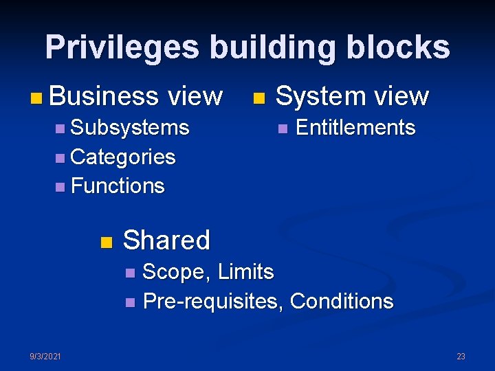 Privileges building blocks n Business view n Subsystems n System view n Entitlements n