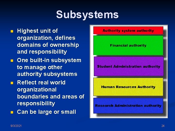 Subsystems n n Highest unit of organization, defines domains of ownership and responsibility One