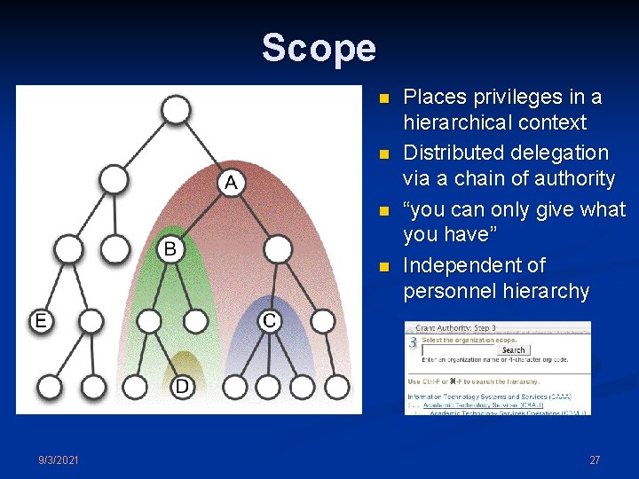 Scope n n 9/3/2021 Places privileges in a hierarchical context Distributed delegation via a