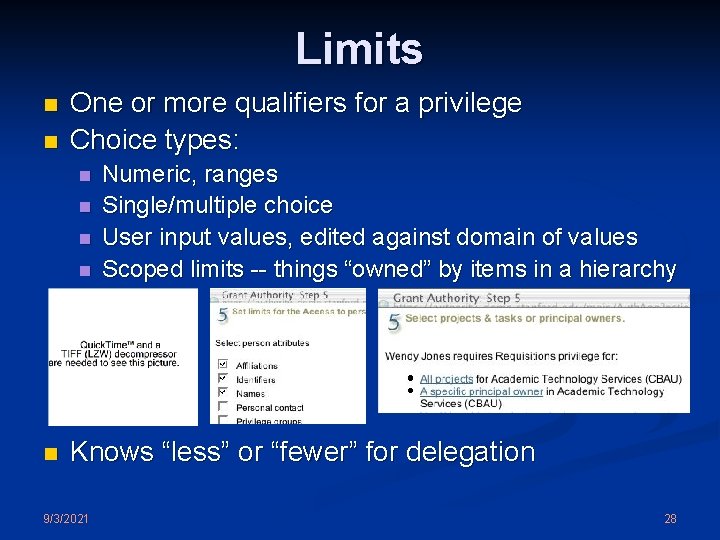 Limits n n One or more qualifiers for a privilege Choice types: n n