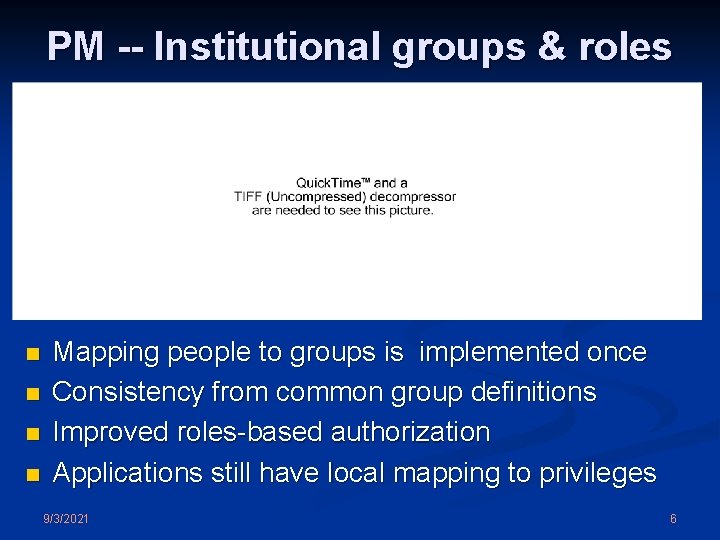 PM -- Institutional groups & roles n n Mapping people to groups is implemented