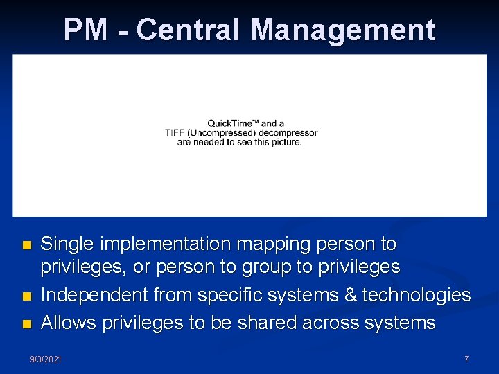 PM - Central Management n n n Single implementation mapping person to privileges, or