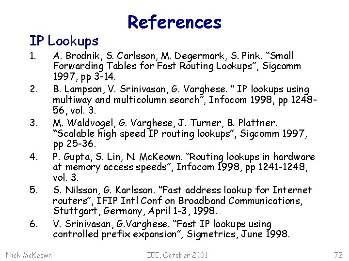 IP Lookups 1. 2. 3. 4. 5. 6. Nick Mc. Keown References A. Brodnik,