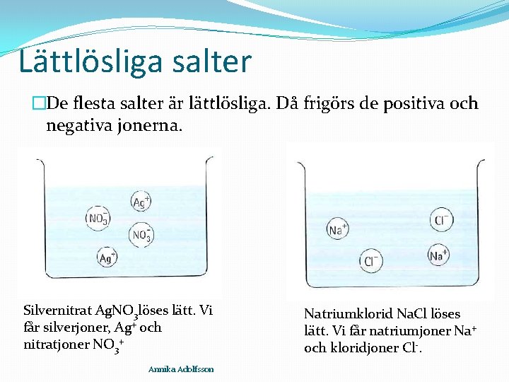 Lättlösliga salter �De flesta salter är lättlösliga. Då frigörs de positiva och negativa jonerna.