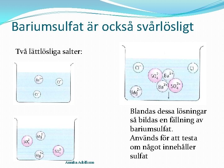 Bariumsulfat är också svårlösligt Två lättlösliga salter: Annika Adolfsson Blandas dessa lösningar så bildas
