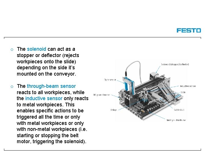 o The solenoid can act as a stopper or deflector (rejects workpieces onto the