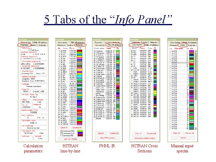 5 Tabs of the “Info Panel” Calculation parameters HITRAN line-by-line PNNL IR HITRAN Cross