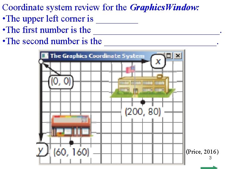 Coordinate system review for the Graphics. Window: • The upper left corner is _____ Coordinate system review for the Graphics. Window: • The upper left corner is _____