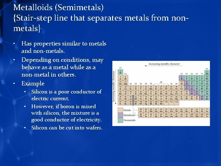 Metalloids (Semimetals) {Stair-step line that separates metals from nonmetals} • • • Has properties