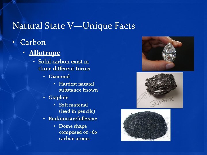 Natural State V—Unique Facts • Carbon • Allotrope • Solid carbon exist in three