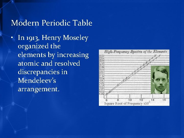 Modern Periodic Table • In 1913, Henry Moseley organized the elements by increasing atomic
