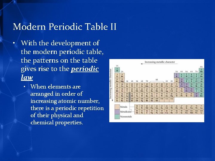 Modern Periodic Table II • With the development of the modern periodic table, the