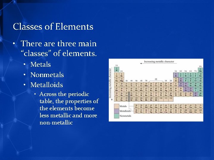 Classes of Elements • There are three main “classes” of elements. • Metals •