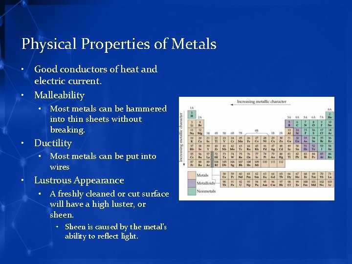 Physical Properties of Metals • • Good conductors of heat and electric current. Malleability