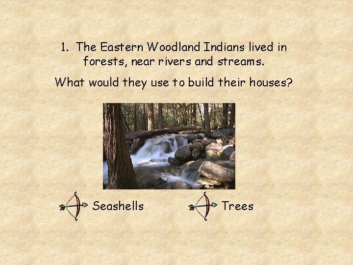 1. The Eastern Woodland Indians lived in forests, near rivers and streams. What would