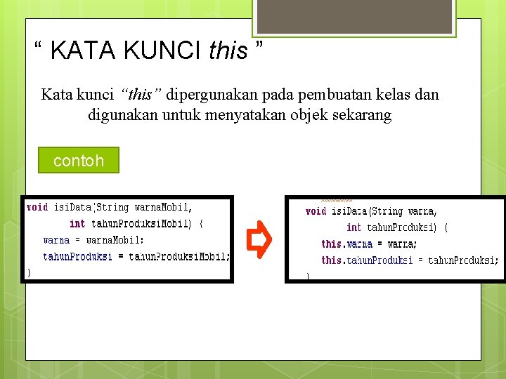 “ KATA KUNCI this ” Kata kunci “this” dipergunakan pada pembuatan kelas dan digunakan