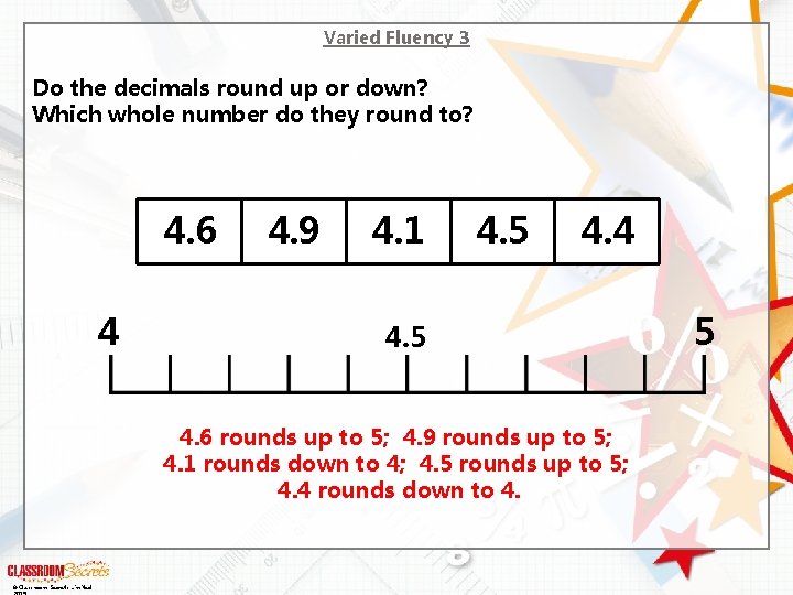 Varied Fluency 3 Do the decimals round up or down? Which whole number do