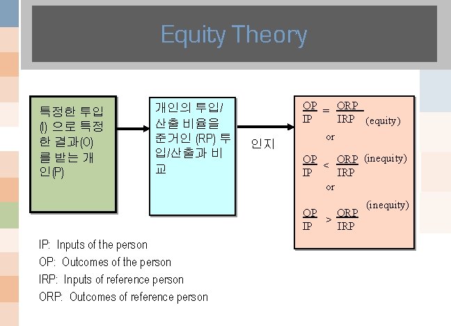 Equity Theory 특정한 투입 (I) 으로 특정 한 결과(O) 를 받는 개 인(P) 개인의