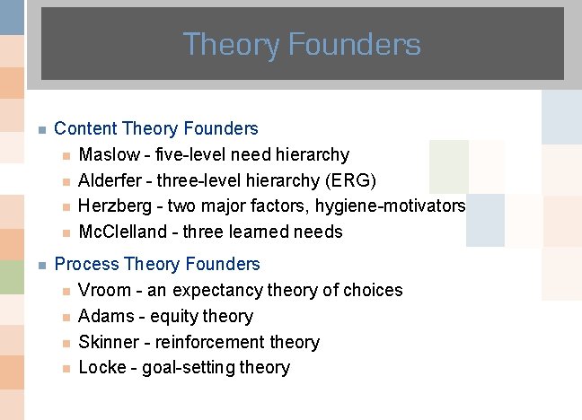 Theory Founders n Content Theory Founders n Maslow - five-level need hierarchy n Alderfer