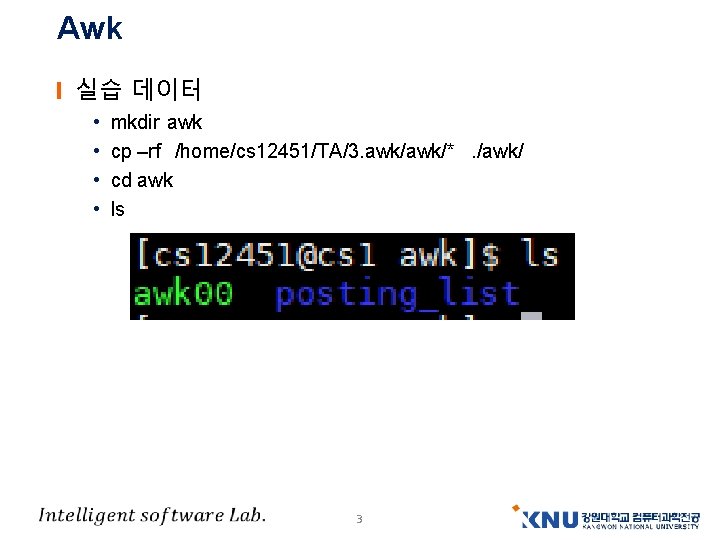 Awk 실습 데이터 • • mkdir awk cp –rf /home/cs 12451/TA/3. awk/*. /awk/ cd