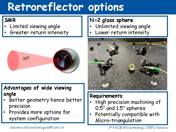 Retroreflector options SMR • Limited viewing angle • Greater return intensity N=2 glass sphere