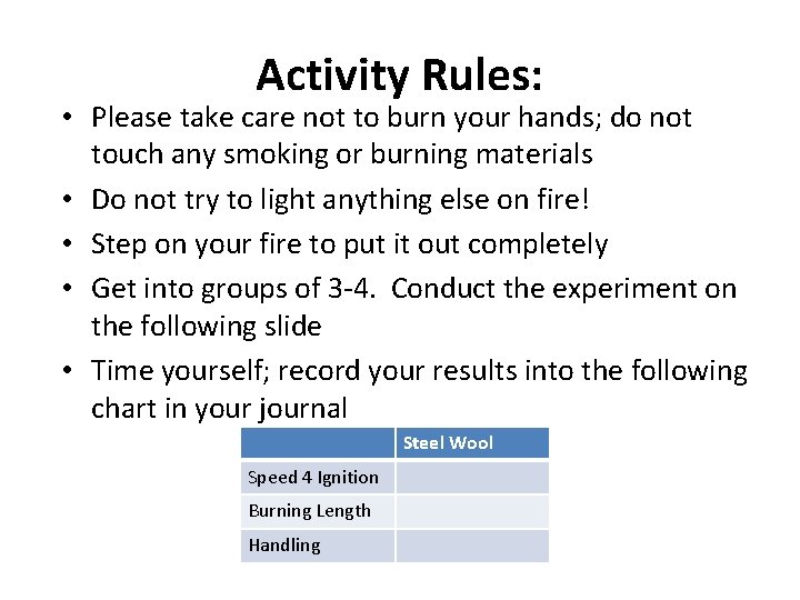 Activity Rules: • Please take care not to burn your hands; do not touch
