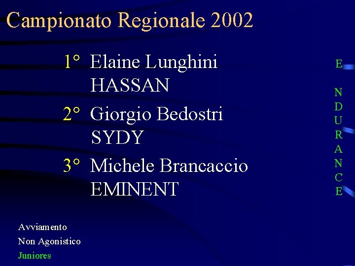 Campionato Regionale 2002 1° Elaine Lunghini HASSAN 2° Giorgio Bedostri SYDY 3° Michele Brancaccio