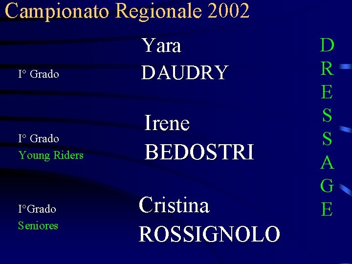 Campionato Regionale 2002 I° Grado Yara DAUDRY I° Grado Young Riders Irene BEDOSTRI I°Grado