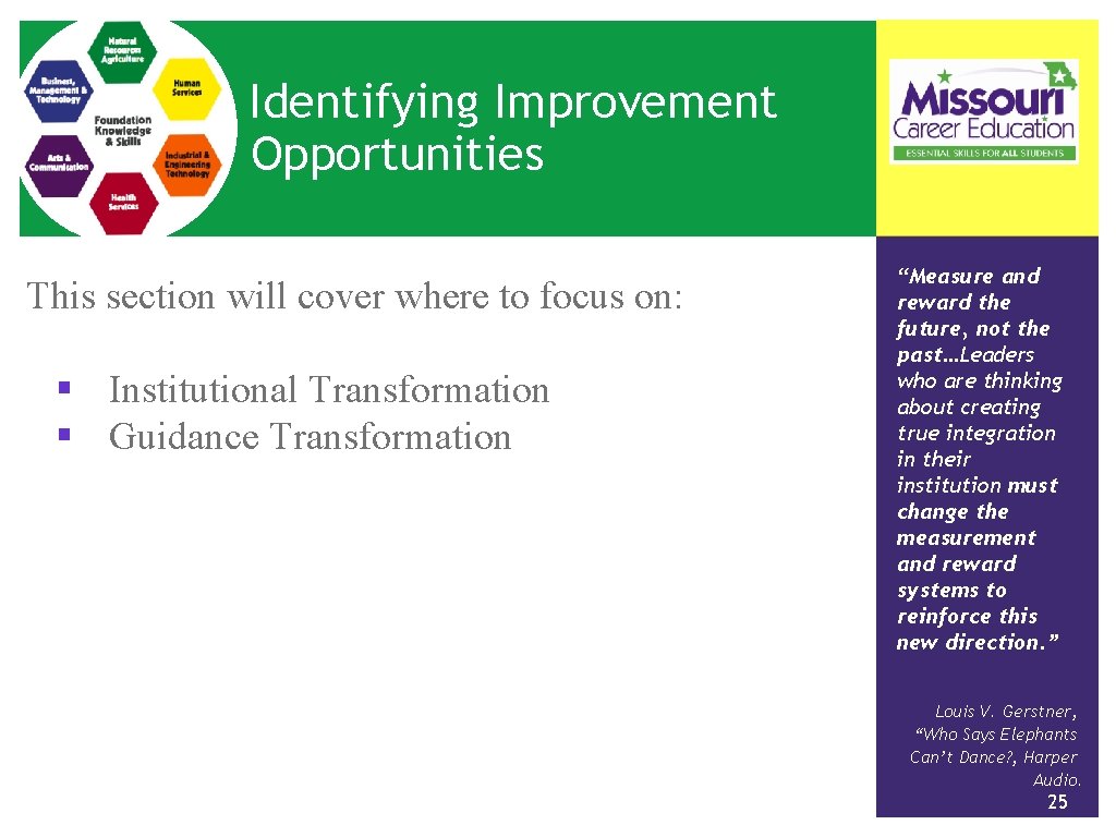 Identifying Improvement Opportunities This section will cover where to focus on: § Institutional Transformation