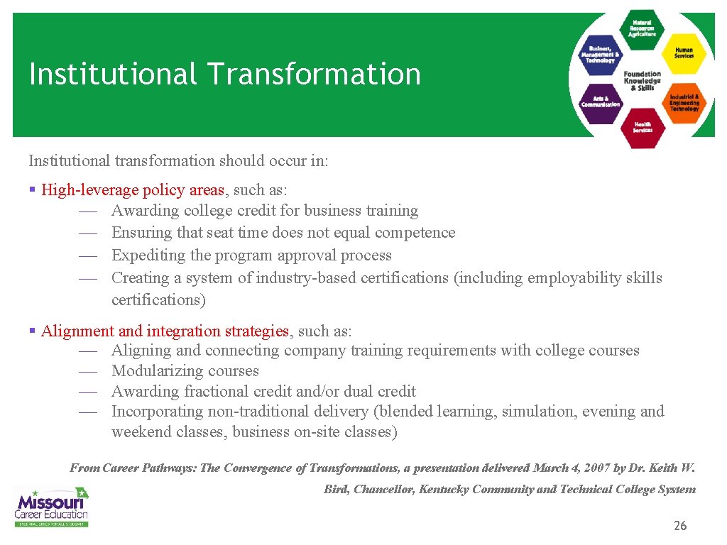 Institutional Transformation Institutional transformation should occur in: § High-leverage policy areas, such as: Awarding