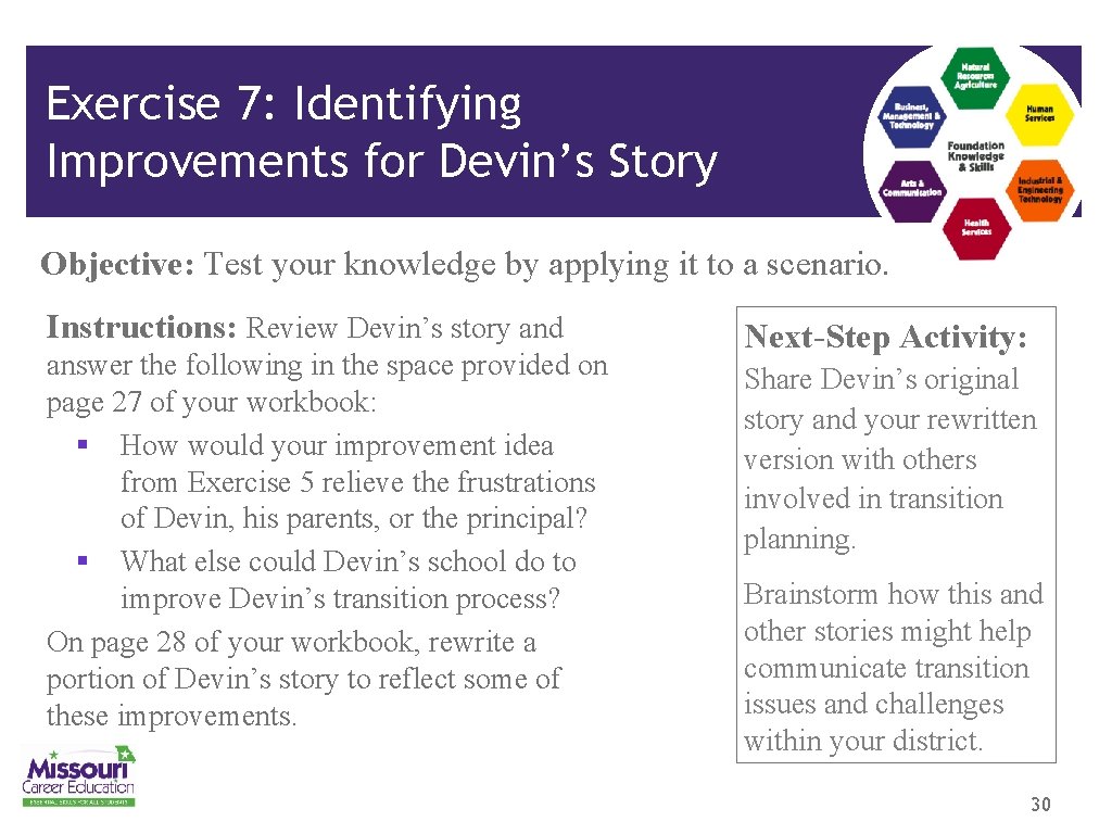 Exercise 7: Identifying Improvements for Devin’s Story Objective: Test your knowledge by applying it