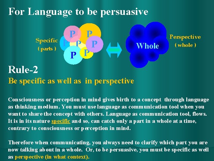 For Language to be persuasive Specific ( parts ) P P P Perspective Whole