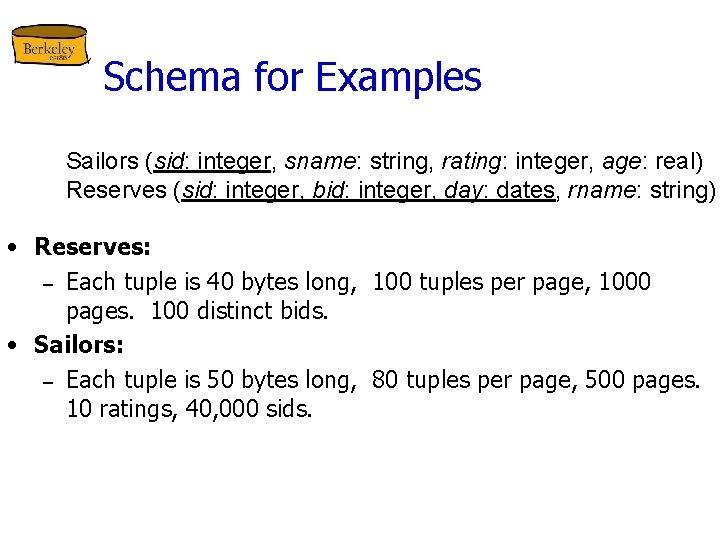 Schema for Examples Sailors (sid: integer, sname: string, rating: integer, age: real) Reserves (sid: