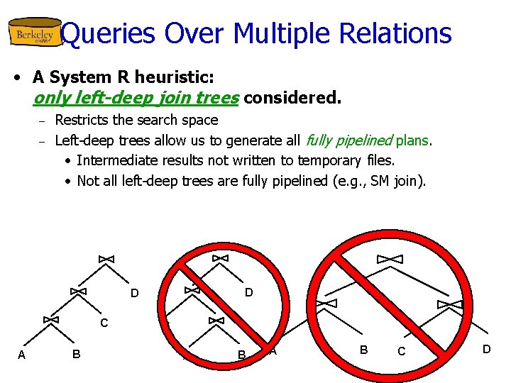 Queries Over Multiple Relations • A System R heuristic: only left-deep join trees considered.