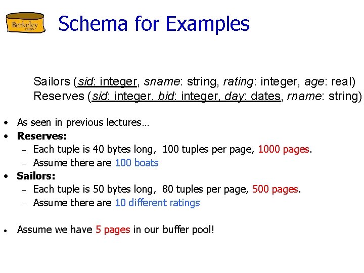 Schema for Examples Sailors (sid: integer, sname: string, rating: integer, age: real) Reserves (sid: