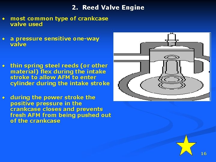 2. Reed Valve Engine • most common type of crankcase valve used • a