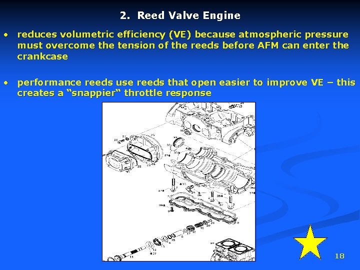 2. Reed Valve Engine • reduces volumetric efficiency (VE) because atmospheric pressure must overcome