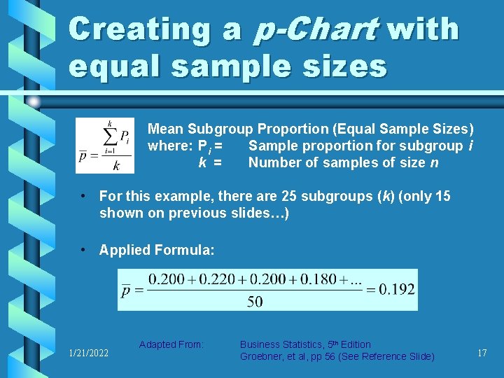 Creating a p-Chart with equal sample sizes Mean Subgroup Proportion (Equal Sample Sizes) where: