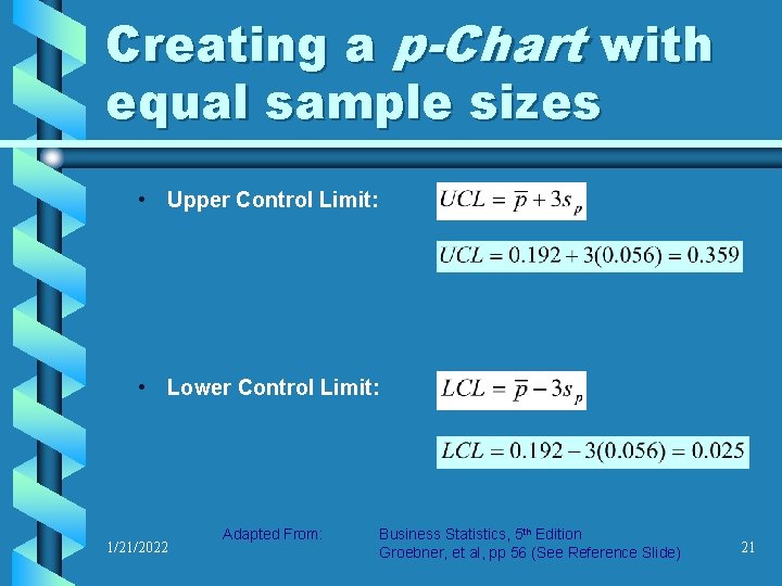Creating a p-Chart with equal sample sizes • Upper Control Limit: • Lower Control