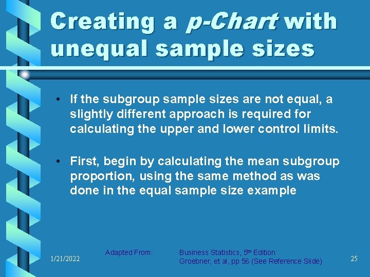 Creating a p-Chart with unequal sample sizes • If the subgroup sample sizes are