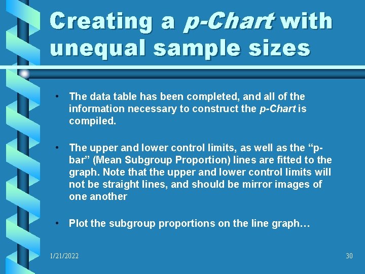 Creating a p-Chart with unequal sample sizes • The data table has been completed,