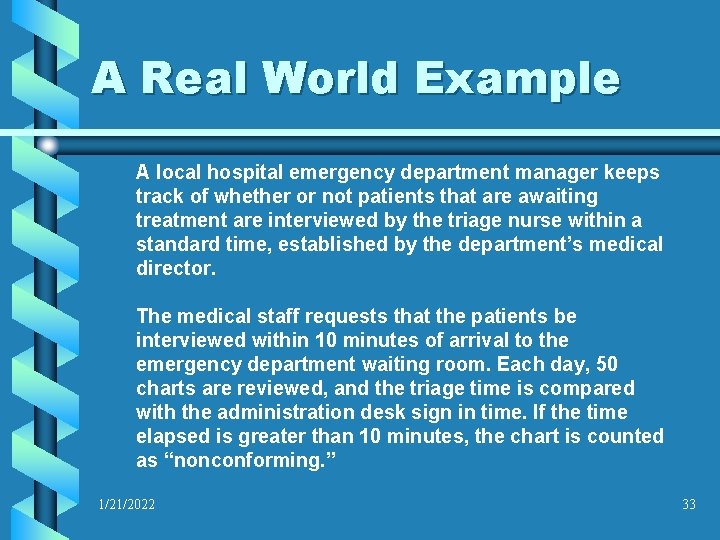 A Real World Example A local hospital emergency department manager keeps track of whether