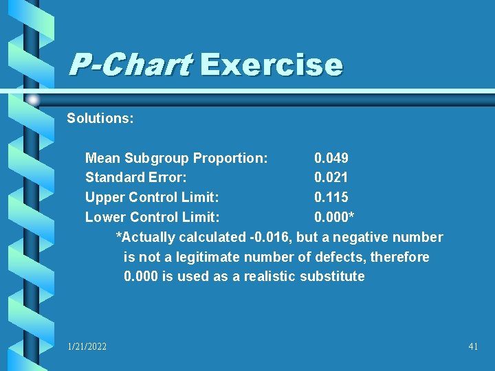 P-Chart Exercise Solutions: Mean Subgroup Proportion: 0. 049 Standard Error: 0. 021 Upper Control