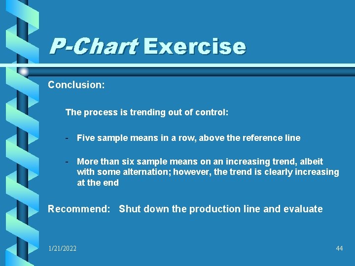 P-Chart Exercise Conclusion: The process is trending out of control: - Five sample means