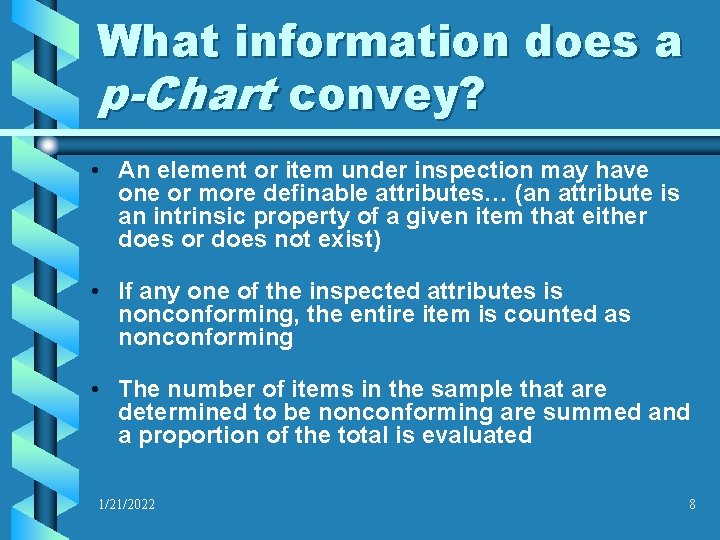 What information does a p-Chart convey? • An element or item under inspection may