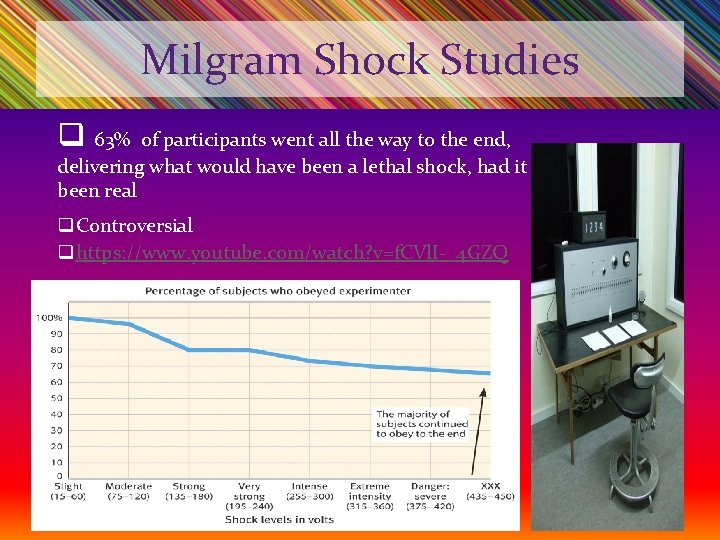 Milgram Shock Studies q 63% of participants went all the way to the end,