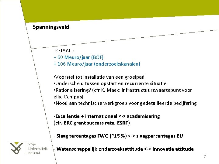 Spanningsveld TOTAAL : + 60 Meuro/jaar (BOF) + 106 Meuro/jaar (onderzoekskanalen) • Voorstel tot