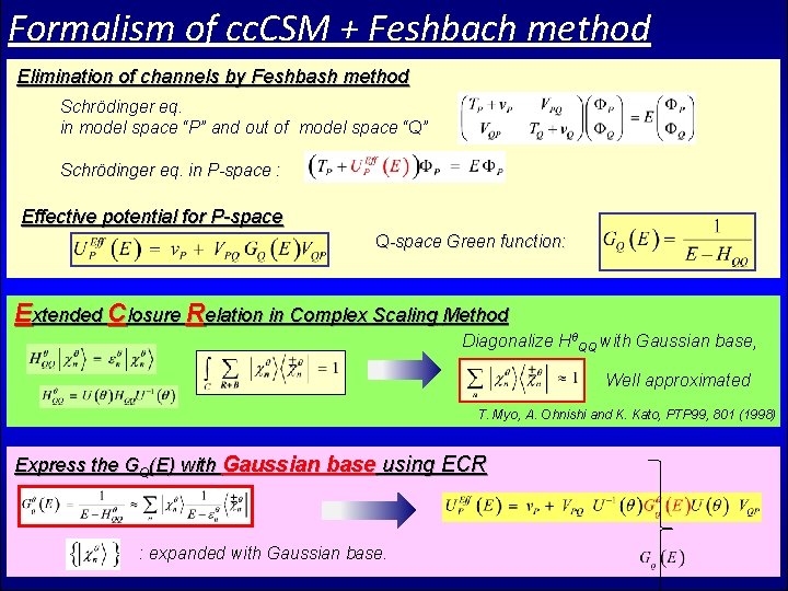 Formalism of cc. CSM + Feshbach method Elimination of channels by Feshbash method Schrödinger