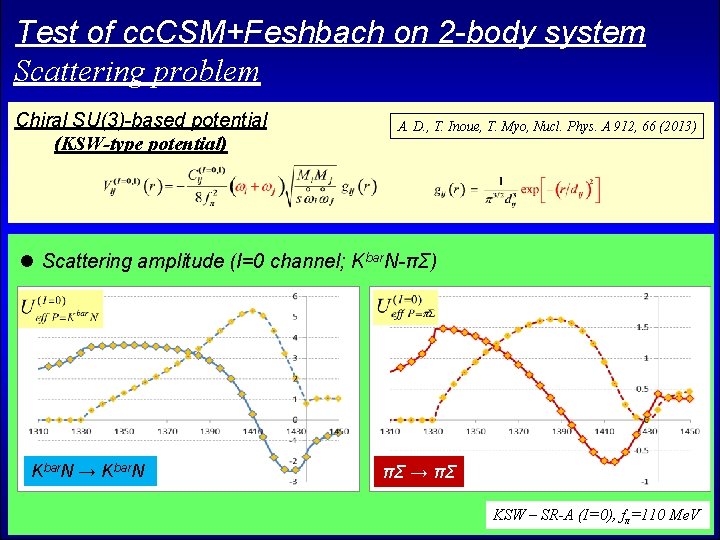 Test of cc. CSM+Feshbach on 2 -body system Scattering problem Chiral SU(3)-based potential (KSW-type