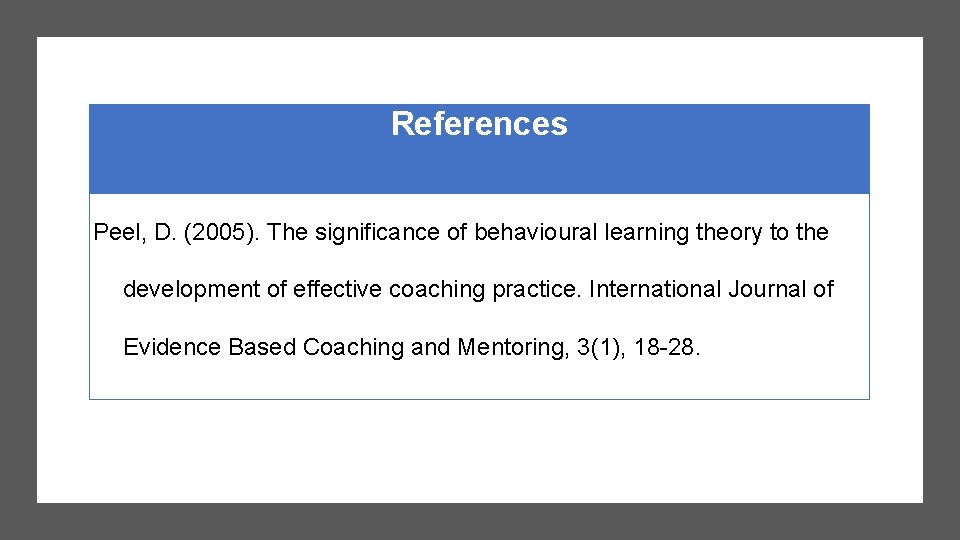 References Peel, D. (2005). The significance of behavioural learning theory to the development of